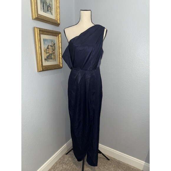 Navy Draped Dress One-Shoulder Satin Sz 10 Slit Evening Cocktail Blue Long ASOS - Picture 2 of 16